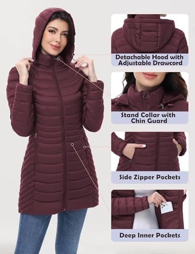 MIDNIGHTSUN Women’s Packable Puffer Jacket Lightweight Puffer Coat Mid-length Hooded Warm Winter Puffy Jacket (Wine, S) - Image 4