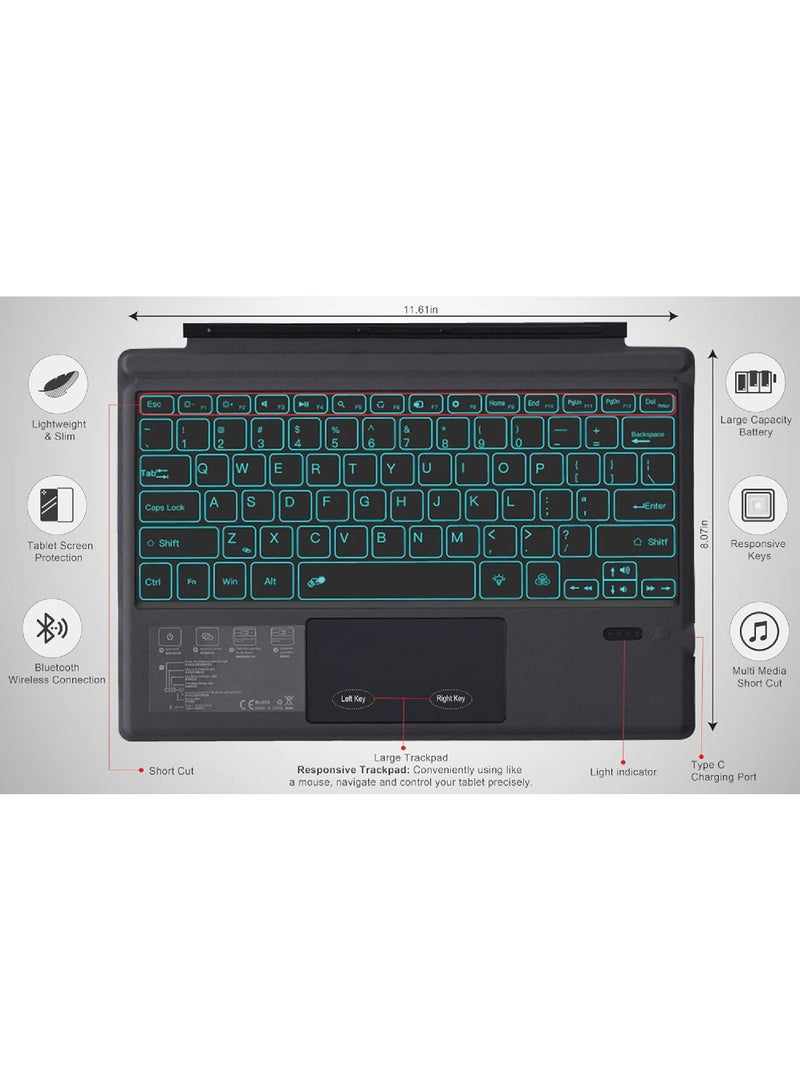 Captaintech Arabic Wireless Keyboard Type Cover Trackpad Mouse Replacement for Microsoft Surface Pro 7 Pro 6 Pro 5 Pro 4 Pro 3 Bluetooth Keyboard 7-Color LED Backlit Ultra-Slim Rechargeable Battery Multi-Touch - Image 3