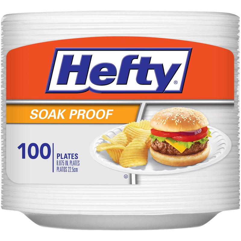 Hefty Everyday Soak Proof Disposable Foam Plates, 8.9 Inches, 100 Count, Disposable White Plates for Lunch, Salads, and Appetizers, Great for Everyday Use, Easy Cleanup - Image 1
