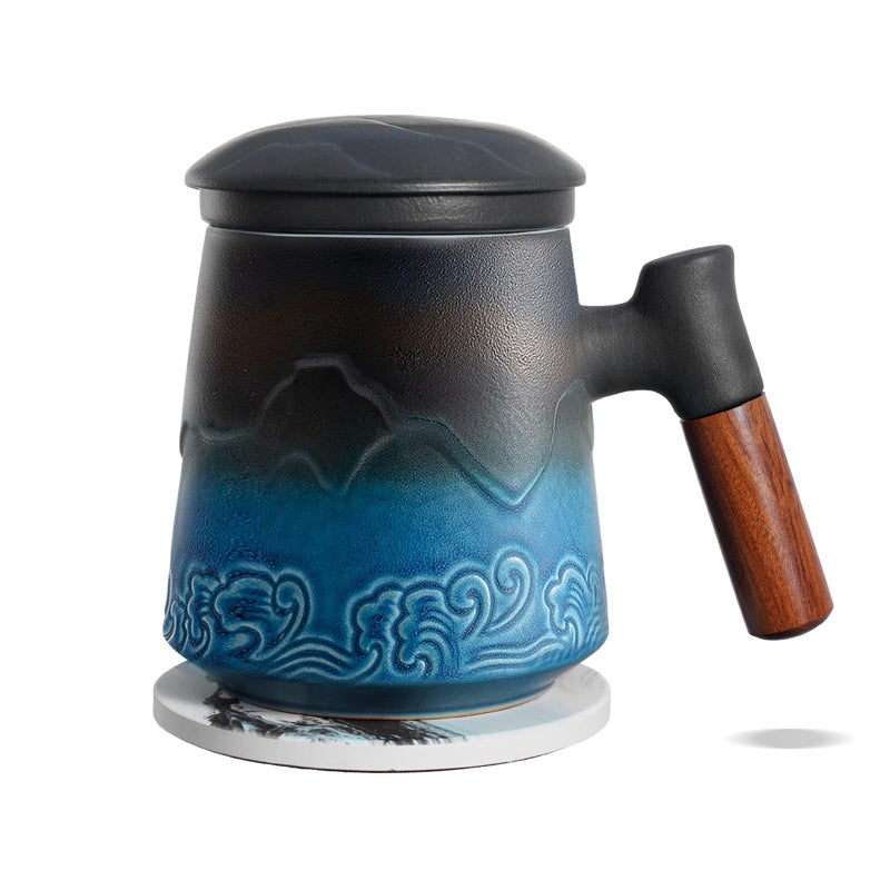 ZENS Tea Cup with Infuser and Lid for Loose Leaf Tea Steeper 152 oz Ceramic Tea Mug with Fine Tea Strainers and Absorb Coaster Wood Handle Large Diffusers Mugs Tea Lovers Gifts