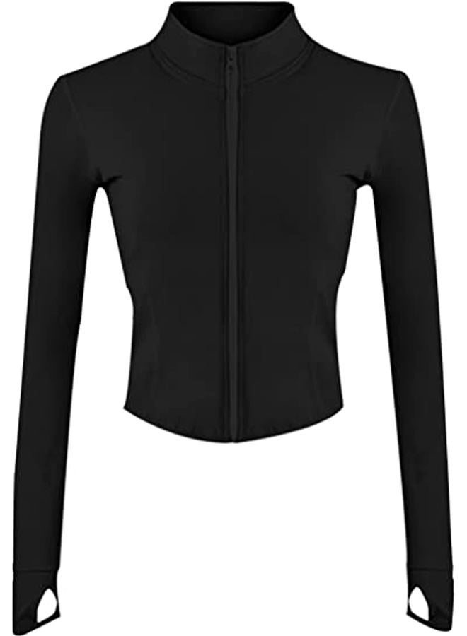 Yeokou Womens Active Zip Up Running Workout Cropped BBL Athletic Jacket with Thumb Holes, Black, M - Image 1