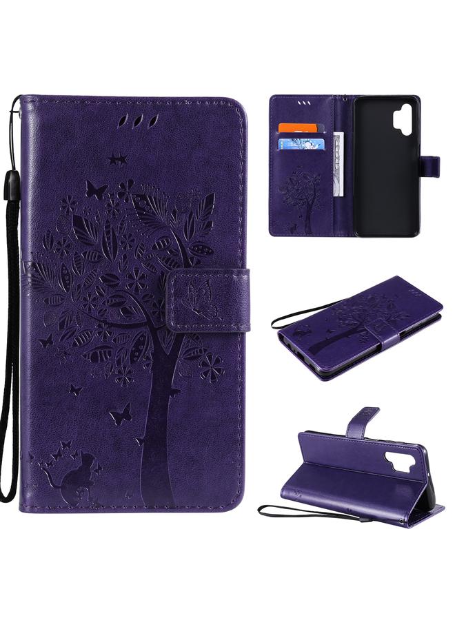 The Bros Case For Samsung Galaxy A32 5G Tree & Cat Pattern Pressed Printing Horizontal Flip PU Leather Case with Holder & Card Slots & Wallet & Lanyard