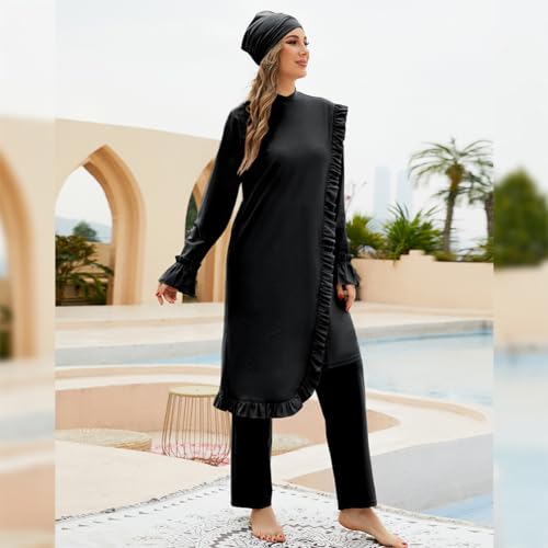 ODIZLI Muslim Swimsuits for Women Rash Guard Surfing Swimwear Long Sleeve Burkini Swimsuits for Women Islamic Full Cover Swimsuit Bathing Suit Swim Top Dress + Pants Hijab Cap 3pcs Set Black YY10869 S - Image 2