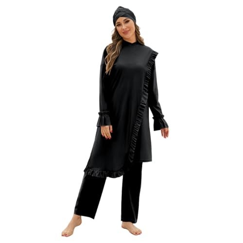 ODIZLI Muslim Swimsuits for Women Rash Guard Surfing Swimwear Long Sleeve Burkini Swimsuits for Women Islamic Full Cover Swimsuit Bathing Suit Swim Top Dress + Pants Hijab Cap 3pcs Set Black YY10869 S - Image 1