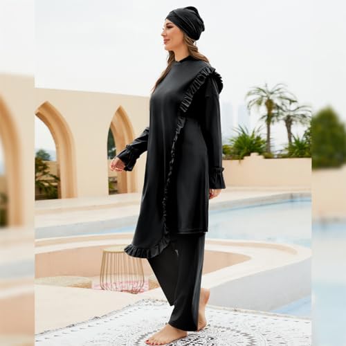 ODIZLI Muslim Swimsuits for Women Rash Guard Surfing Swimwear Long Sleeve Burkini Swimsuits for Women Islamic Full Cover Swimsuit Bathing Suit Swim Top Dress + Pants Hijab Cap 3pcs Set Black YY10869 S - Image 3