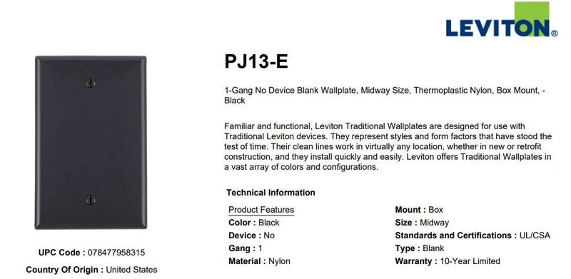 Leviton 1-Gang Blank Wallplate, Midway Size, PJ13-E, Black - Image 3