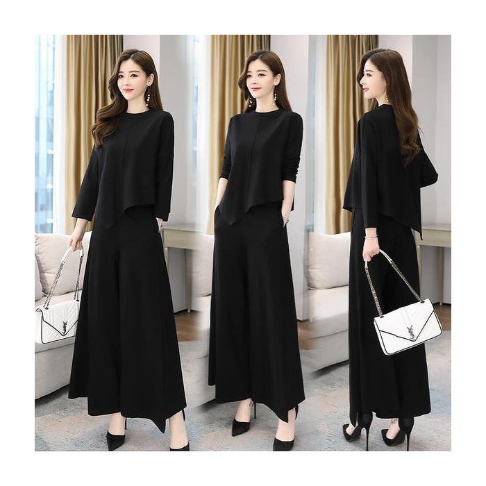 Cross-border Spring and Autumn New Wide Leg Pants suit Womens Age-reducing Belly-covering Slimming Western Style Casual Elegant Culottes Two-piece Set Black suit - Image 1