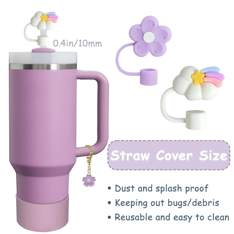 vikgle Stanley Cup Accessories Set,Including 2 Pcs 0.4in Straw Cover, 1 Silicone Spill-Proof Stopper Set of 3, 1 Cute Purple Flower Handle Charm, 1 Silicone Boot Fits Stanley 40&30 Oz Tumbler (Lilac) - Image 2