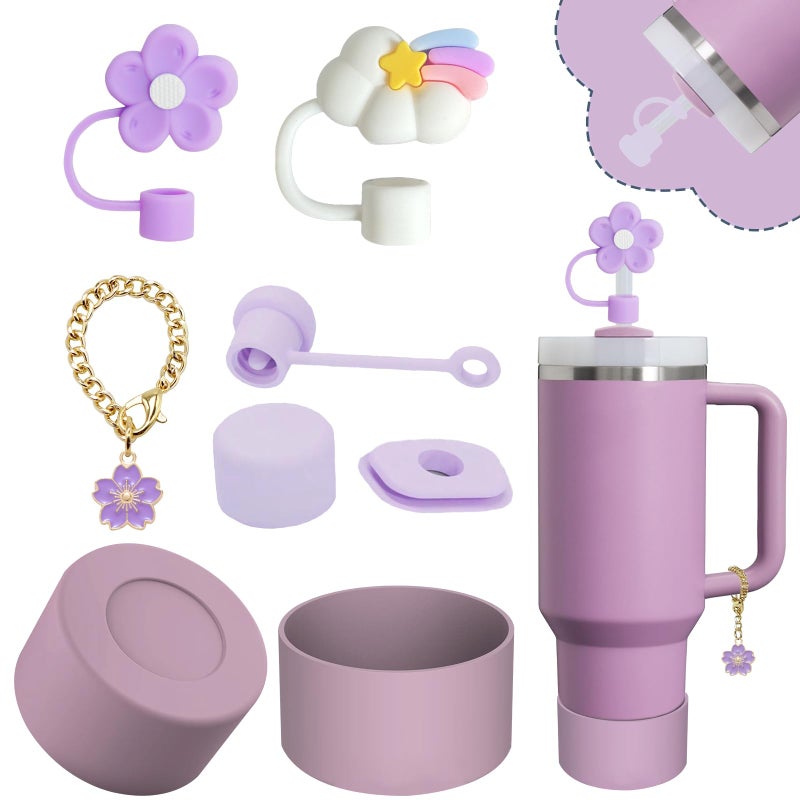 vikgle Stanley Cup Accessories Set,Including 2 Pcs 0.4in Straw Cover, 1 Silicone Spill-Proof Stopper Set of 3, 1 Cute Purple Flower Handle Charm, 1 Silicone Boot Fits Stanley 40&30 Oz Tumbler (Lilac) - Image 1