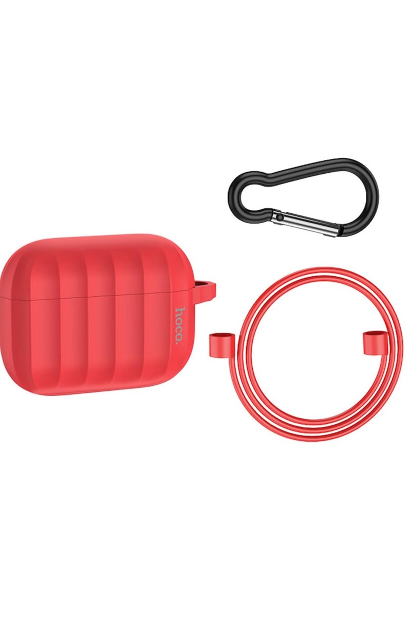 Hoco WB22 - Glory Series Silicone Protective Cover Case Designed For Apple AirPods 3 (2021), With Hook And Neck Strap - Red - Image 2