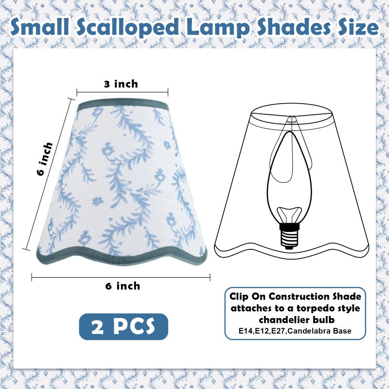 VIHOSE 2 Pcs Small Scalloped Lamp Shades Chandelier Lamp Shades 3 x 6 x 6 Inch Blue and White Linen Fabric Mini Scallop Lampshades with Trim Natural Tapered Lampshades for Wall Sconce Pendant Light - Image 2