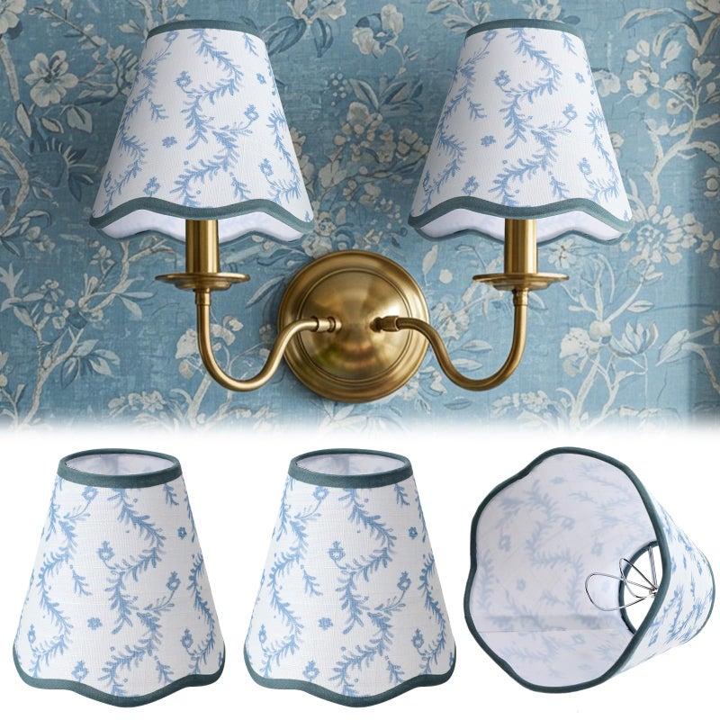 VIHOSE 2 Pcs Small Scalloped Lamp Shades Chandelier Lamp Shades 3 x 6 x 6 Inch Blue and White Linen Fabric Mini Scallop Lampshades with Trim Natural Tapered Lampshades for Wall Sconce Pendant Light - Image 1