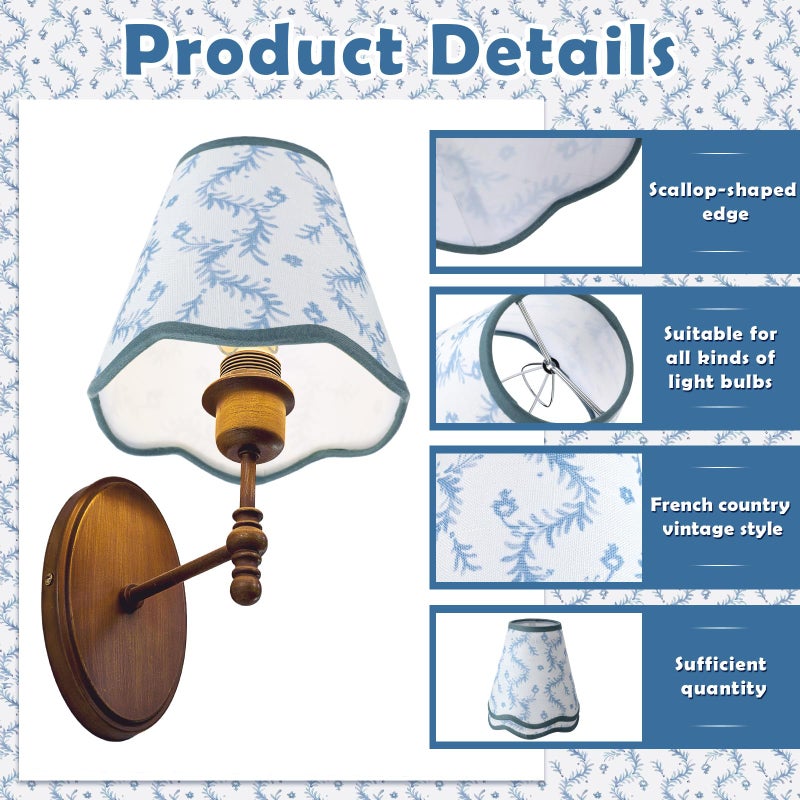 VIHOSE 2 Pcs Small Scalloped Lamp Shades Chandelier Lamp Shades 3 x 6 x 6 Inch Blue and White Linen Fabric Mini Scallop Lampshades with Trim Natural Tapered Lampshades for Wall Sconce Pendant Light - Image 3