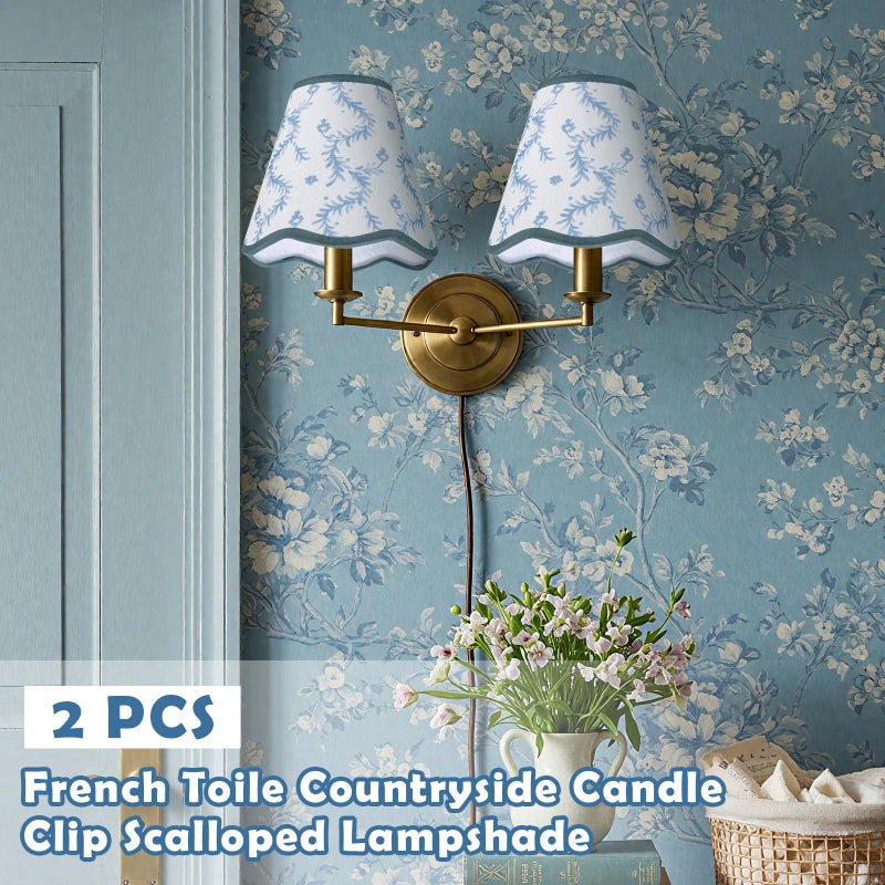 VIHOSE 2 Pcs Small Scalloped Lamp Shades Chandelier Lamp Shades 3 x 6 x 6 Inch Blue and White Linen Fabric Mini Scallop Lampshades with Trim Natural Tapered Lampshades for Wall Sconce Pendant Light - Image 4