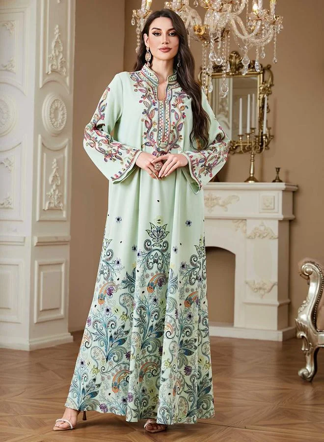 تايك تو Green Long Sleeves Embroidered Maxi Jalabiya