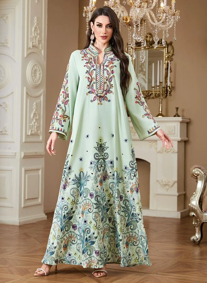 تايك تو Green Long Sleeves Embroidered Maxi Jalabiya