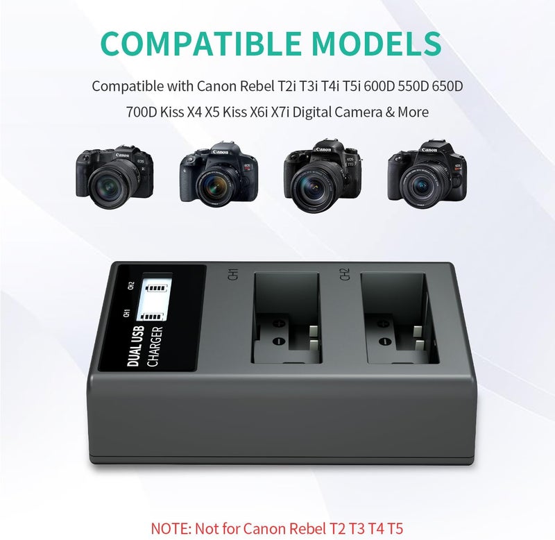 L & P -E8 Battery Charger, LCD Display & Dual Slot Charger Compatible with Canon Rebel T2i T3i T4i T5i 600D 550D 650D 700D Kiss X4 X5 Kiss X6i X7i Digital Camera & More (Not for T2 T3 T4 T5) - Image 2