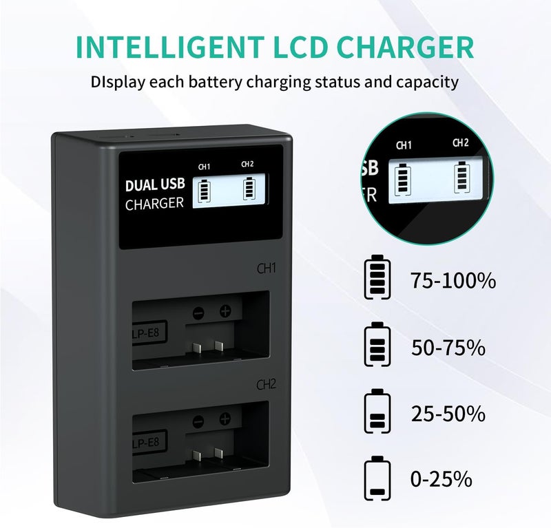 L & P -E8 Battery Charger, LCD Display & Dual Slot Charger Compatible with Canon Rebel T2i T3i T4i T5i 600D 550D 650D 700D Kiss X4 X5 Kiss X6i X7i Digital Camera & More (Not for T2 T3 T4 T5) - Image 4