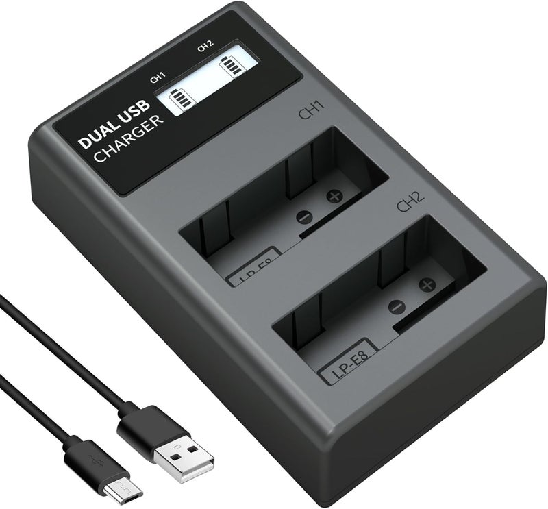 L & P -E8 Battery Charger, LCD Display & Dual Slot Charger Compatible with Canon Rebel T2i T3i T4i T5i 600D 550D 650D 700D Kiss X4 X5 Kiss X6i X7i Digital Camera & More (Not for T2 T3 T4 T5) - Image 1