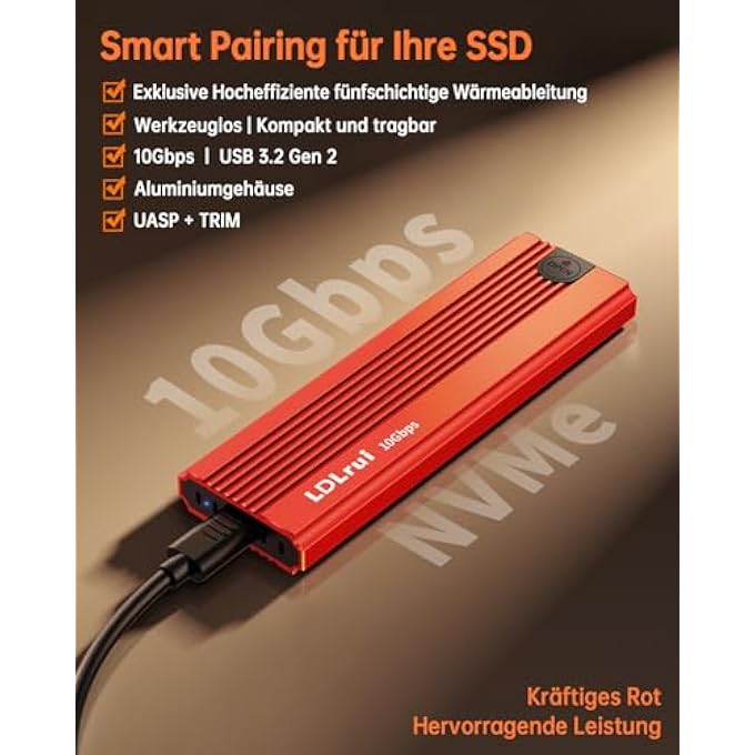 rayihni M.2 NVME SSD ENCLOSURE [TOOL-FREE], USB 3.2 GEN 2 (10GBPS) M2 NVME USB ADAPTER, UNIQUE 5-LAYER COOLING SYSTEM FOR M-KEY AND B&M KEY IN 2230/2242/2260/2280, M2 SSD CASE MADE OF ALUMINIUM RED - Image 2