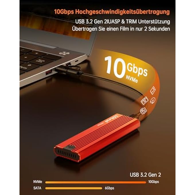 rayihni M.2 NVME SSD ENCLOSURE [TOOL-FREE], USB 3.2 GEN 2 (10GBPS) M2 NVME USB ADAPTER, UNIQUE 5-LAYER COOLING SYSTEM FOR M-KEY AND B&M KEY IN 2230/2242/2260/2280, M2 SSD CASE MADE OF ALUMINIUM RED - Image 3