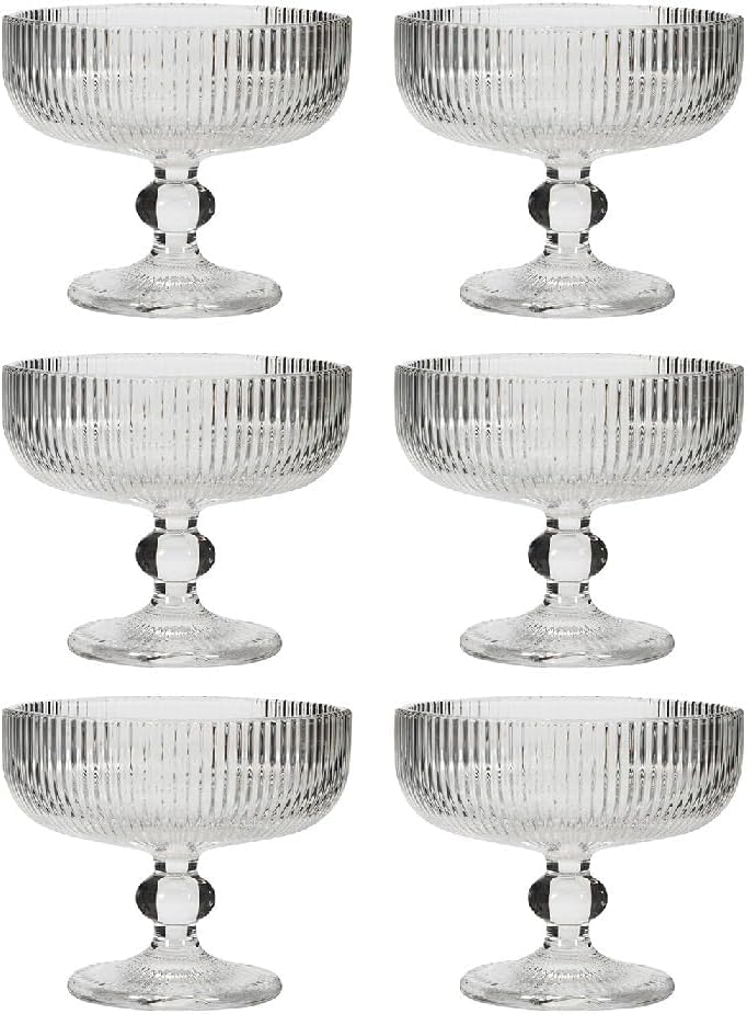 BLISS START Ice Cream Sundae Glass Bowl Set of 6 Clear Stripes Footed Dessert Bowls Glass Dessert Cups Perfect for Sundae Ice Cream Fruit Salad Cocktail Trifle 270ML - Image 1