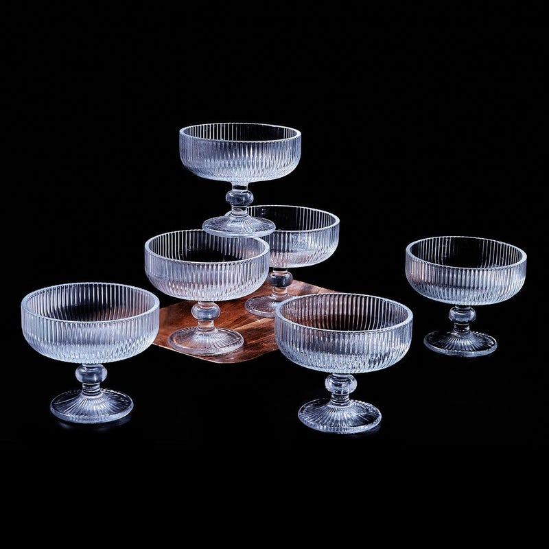 BLISS START Ice Cream Sundae Glass Bowl Set of 6 Clear Stripes Footed Dessert Bowls Glass Dessert Cups Perfect for Sundae Ice Cream Fruit Salad Cocktail Trifle 270ML - Image 2