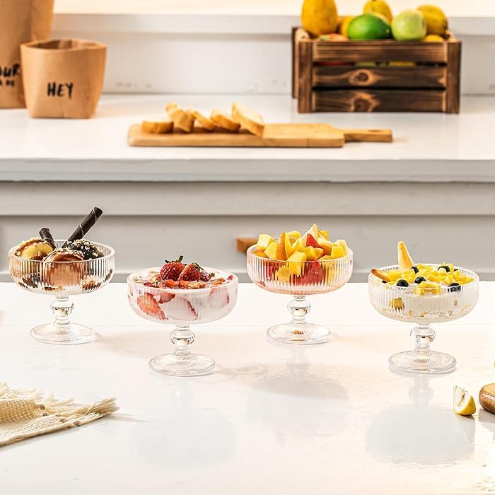BLISS START Ice Cream Sundae Glass Bowl Set of 6 Clear Stripes Footed Dessert Bowls Glass Dessert Cups Perfect for Sundae Ice Cream Fruit Salad Cocktail Trifle 270ML - Image 4
