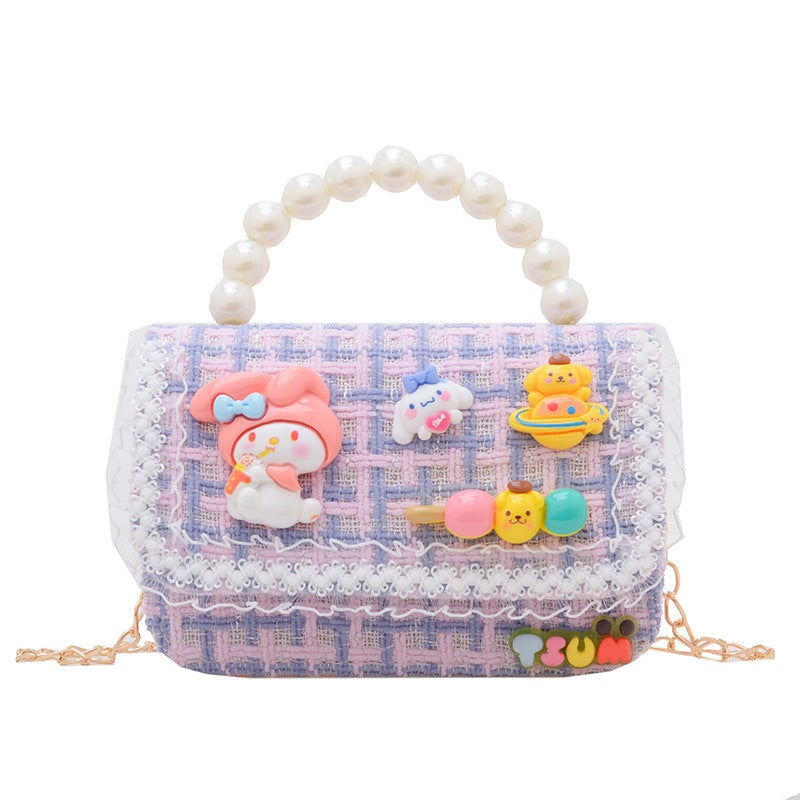 Kids Chain Strap Shoulder Bag for Autumn Winter Dark purple squares 