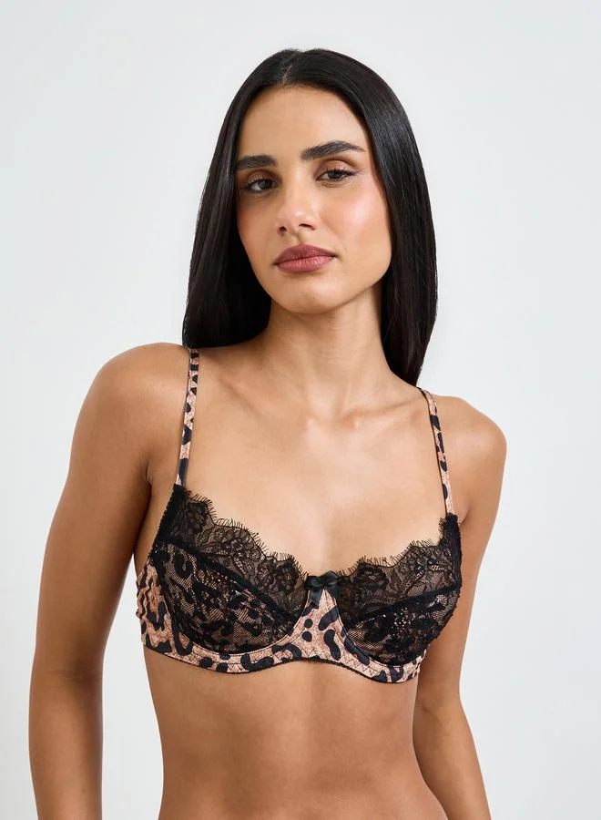 Take Two Animal Print Trim Lace Bra And Thong Lingerie Set