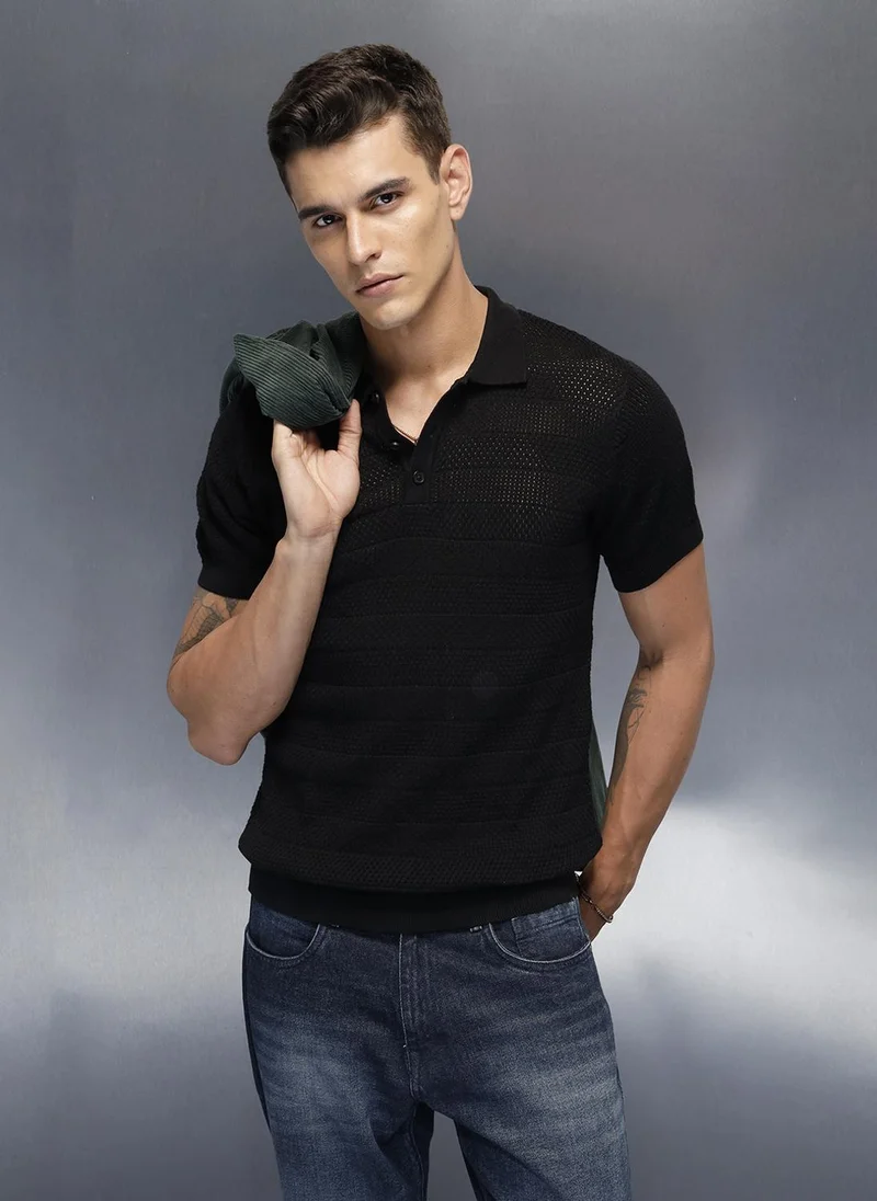 Wrogn Textured Knit slim fit Polo T-shirt | Black