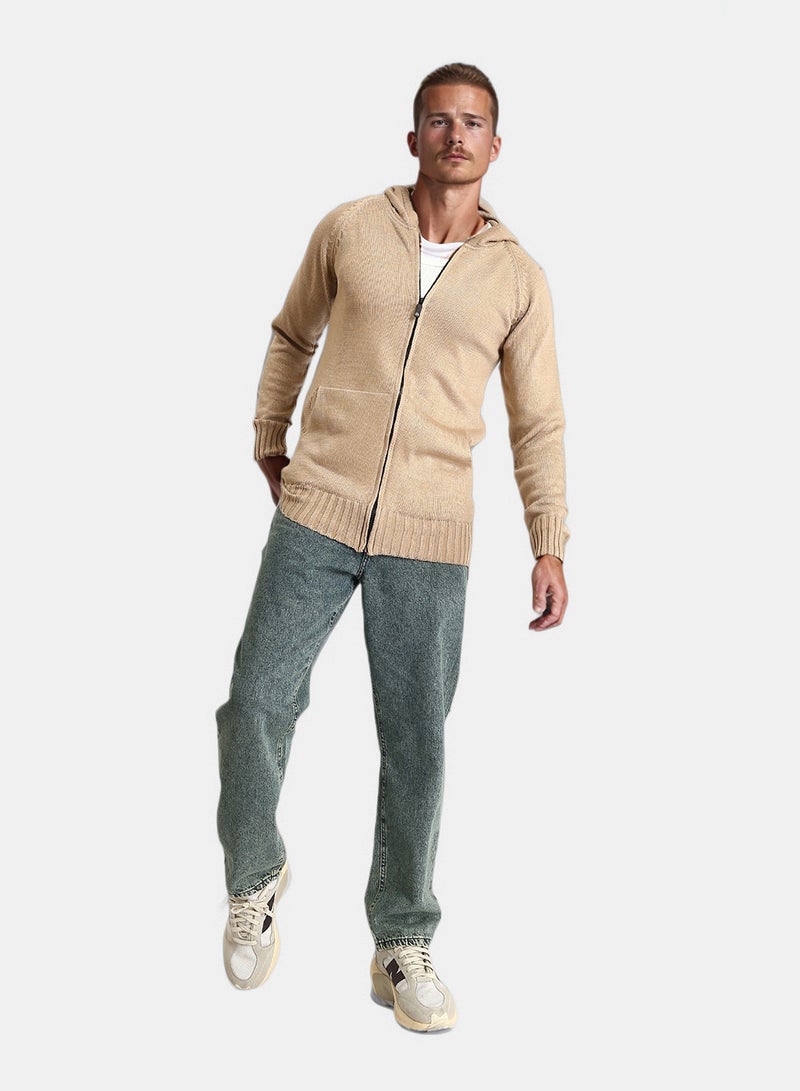 RAVIN Men Hooded Neck Zipped Long Sweater Dark Beige - Image 4