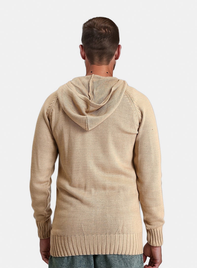 RAVIN Men Hooded Neck Zipped Long Sweater Dark Beige - Image 2