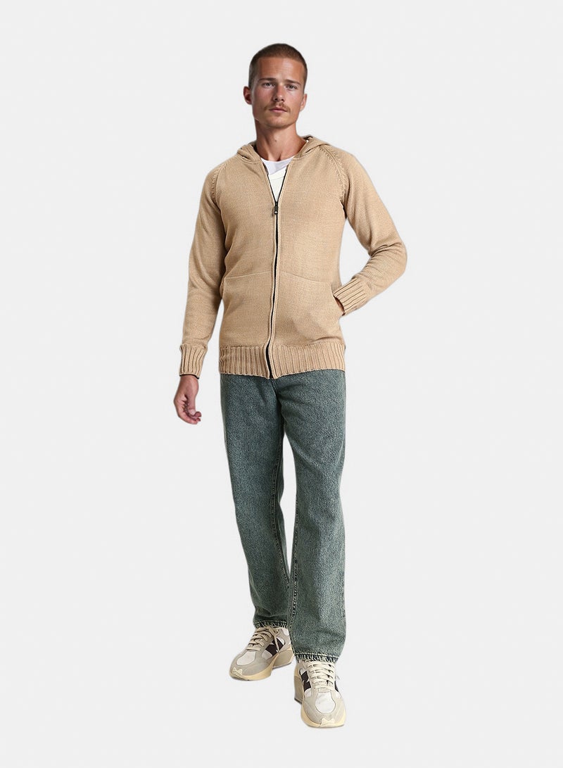 RAVIN Men Hooded Neck Zipped Long Sweater Dark Beige - Image 5