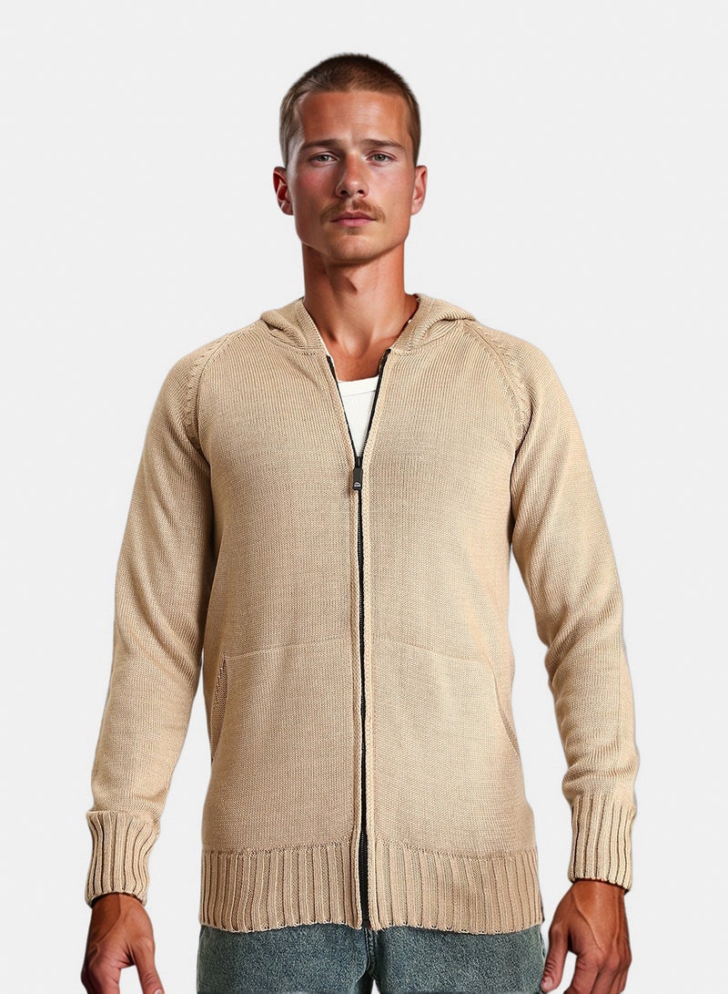 RAVIN Men Hooded Neck Zipped Long Sweater Dark Beige - Image 1