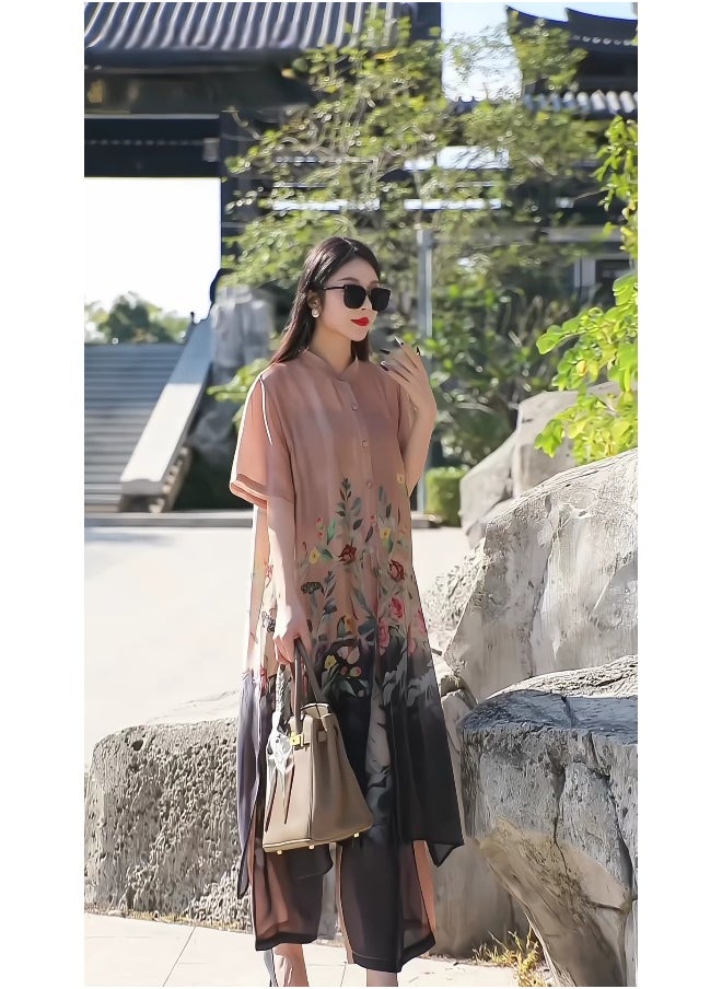 Madam Uniq - Vintage Plus Size Premium New Chinese Style Printed Tencel Flowing Cardigan and Wide-Leg Pants Two-Piece Set - Image 1