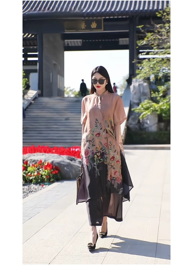 Madam Uniq - Vintage Plus Size Premium New Chinese Style Printed Tencel Flowing Cardigan and Wide-Leg Pants Two-Piece Set - Image 1