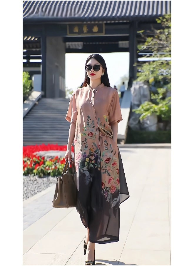 Madam Uniq - Vintage Plus Size Premium New Chinese Style Printed Tencel Flowing Cardigan and Wide-Leg Pants Two-Piece Set - Image 1
