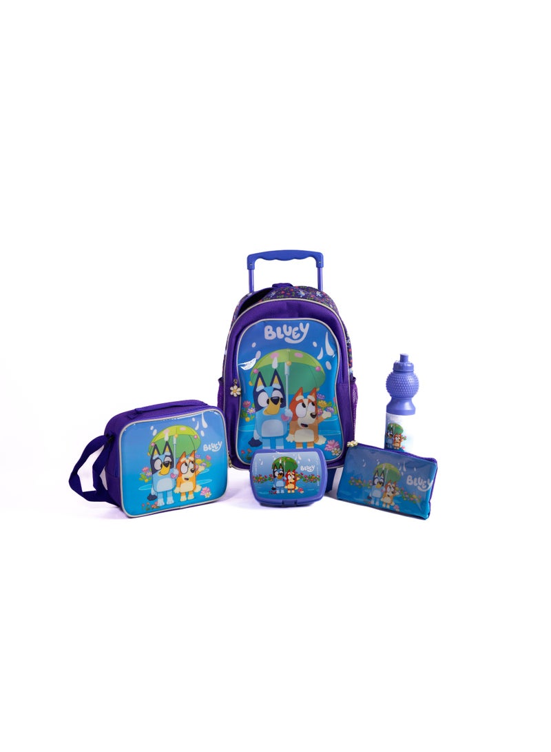 بلوي طقم حقيبة بعجلات مقاس 16 بوصة من بلوي مع حقيبة غداء ومقلمة وزجاجة مياه وصندوق غداء - أزرق - Image 1