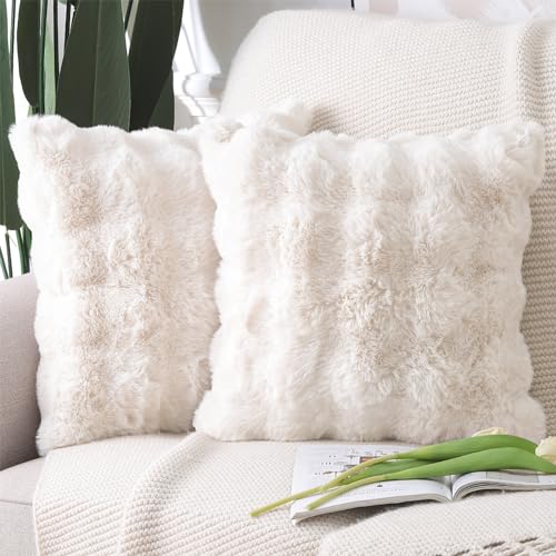 MADIZZ Pack of 2 Thick Plush Faux Wool Throw Pillow Covers Soft Boho Throw Pillows Luxurious Cushion Covers for Couch Sofa Bedroom Living Room Home Decor 16x16 Inch Cream - Image 1