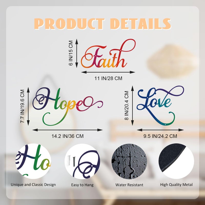 ESTART Faith Hope Love 3 Pieces Metal Wall Decor Inspirational Black Letter Sign Wall Art Rustic Vintage Farmhouse Word Metal Sign Family Wall Decor for Home Bedroom Living Room Office (Colorful) - Image 4