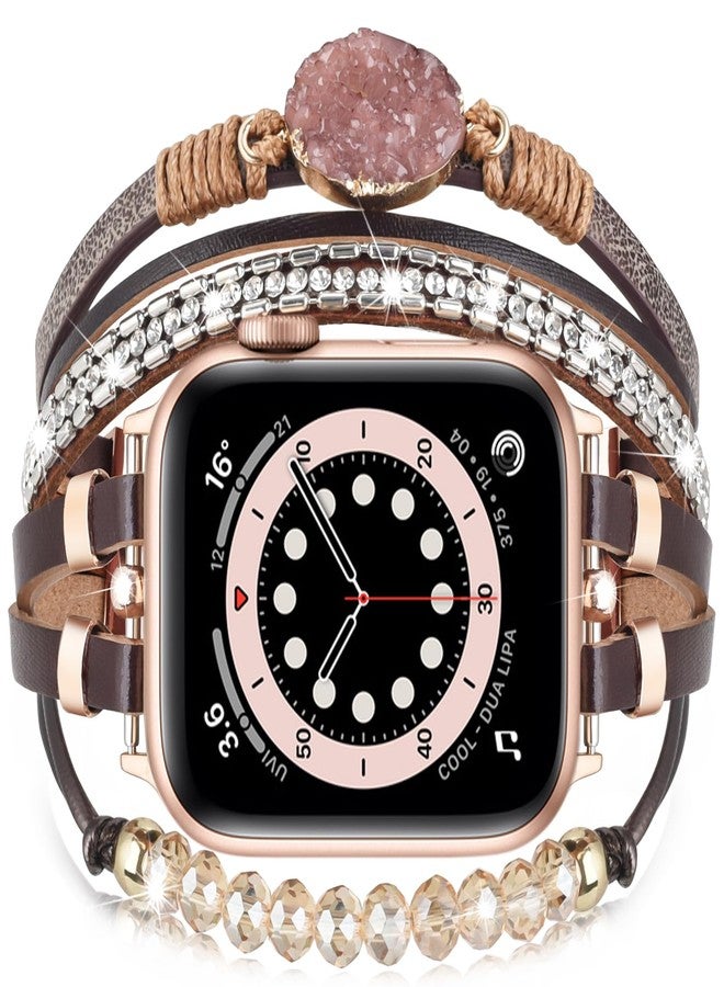 VISOOM Beaded Boho Bracelet Compatible for Apple Watch Band 40mm/38mm/41mm/42mm Series 10 9 8 7 SE Series 6/5/4 Women Leather Handmade Multilayer Wrap Watch Strap for iWatch Bands 3/2/1 Replacement - Image 1