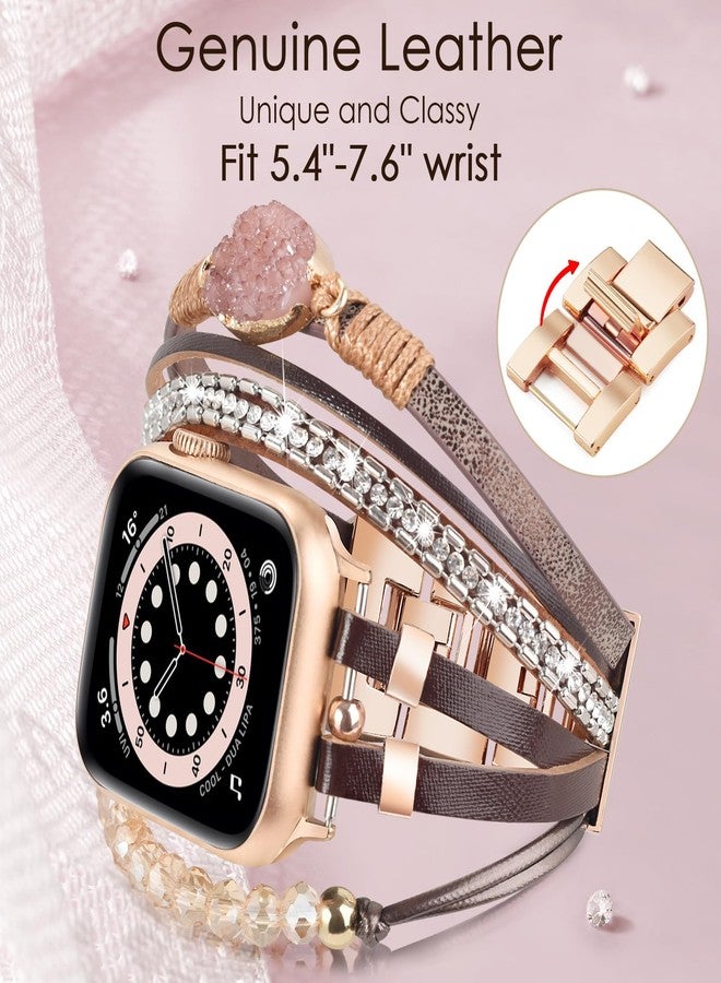 VISOOM Beaded Boho Bracelet Compatible for Apple Watch Band 40mm/38mm/41mm/42mm Series 10 9 8 7 SE Series 6/5/4 Women Leather Handmade Multilayer Wrap Watch Strap for iWatch Bands 3/2/1 Replacement - Image 3