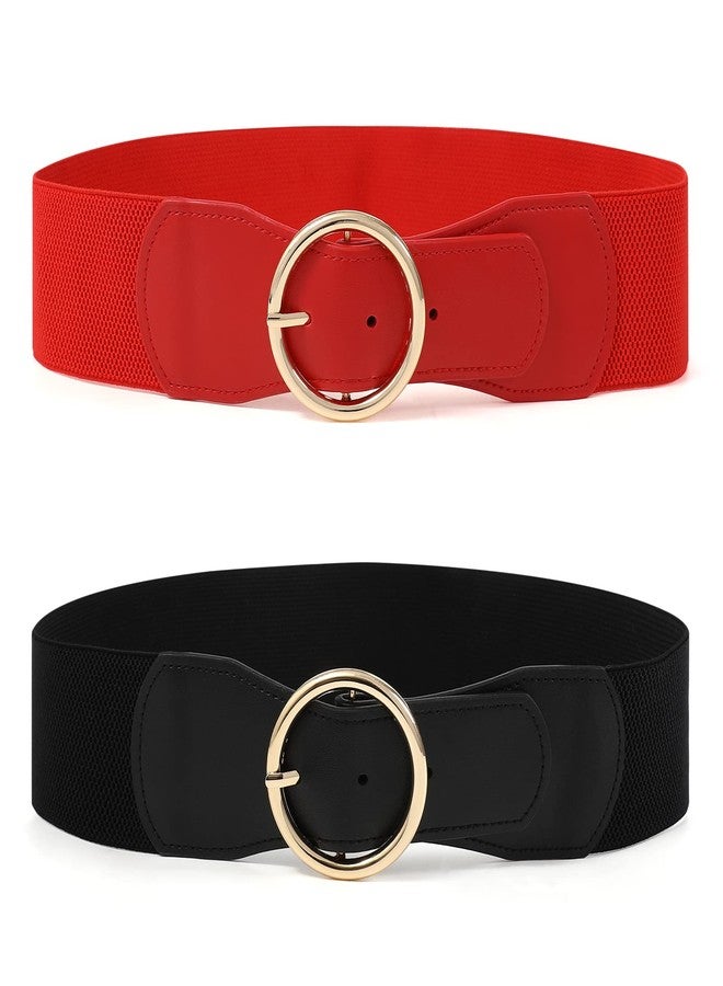 كاجير حزام كاجير المطاطي للنساء، عبوة من قطعتين، حزام عريض بإبزيم سميك عتيق مقاس 2.4 بوصة لفساتين السيدات (أسود مطفي + أحمر مطفي، كبير) - Image 1