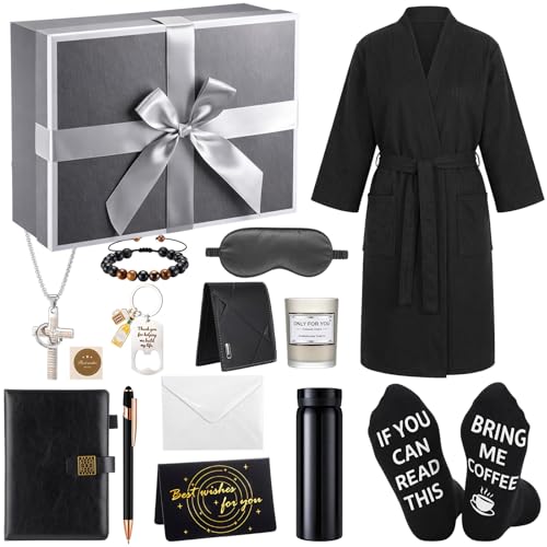 Afarnook 13 Pcs Birthdays Gifts Baskets for Men Get Well Gifts Set for Men Father's Day Gift Box Tumbler Wallet Robe Scented Candle Notebook Sock Bracelet for Father Dad Boyfriend Husband(Dark Gray) - Image 1