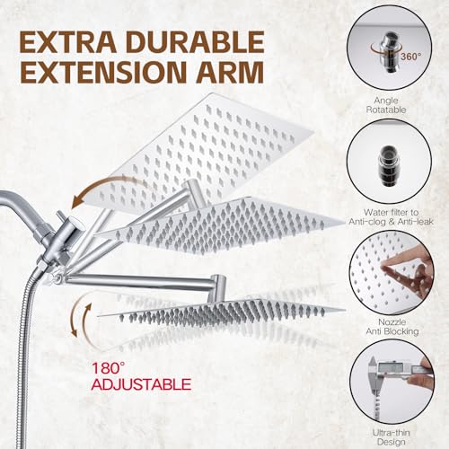 Ashwanth Shower Head,10”Rain Shower Head with Handheld Spray Combo and Adjustable Extension Arm/3-Way Flow Regulator/Shower System,High Pressure Rain Fall Hose,Chrome - Image 3