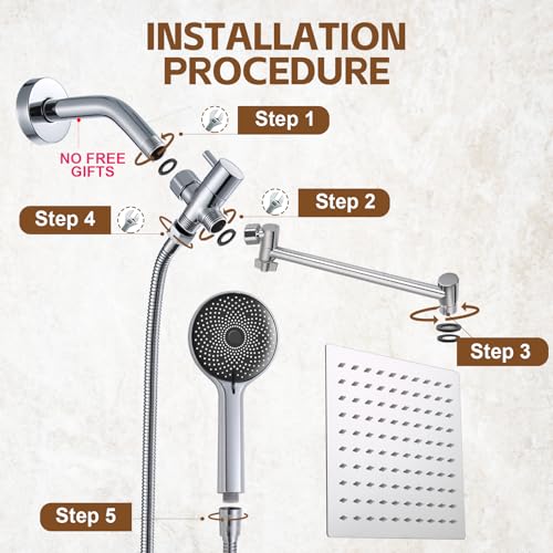 Ashwanth Shower Head,10”Rain Shower Head with Handheld Spray Combo and Adjustable Extension Arm/3-Way Flow Regulator/Shower System,High Pressure Rain Fall Hose,Chrome - Image 5