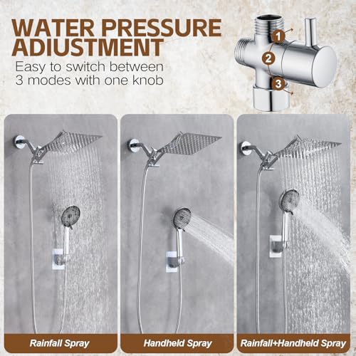 Ashwanth Shower Head,10”Rain Shower Head with Handheld Spray Combo and Adjustable Extension Arm/3-Way Flow Regulator/Shower System,High Pressure Rain Fall Hose,Chrome - Image 2