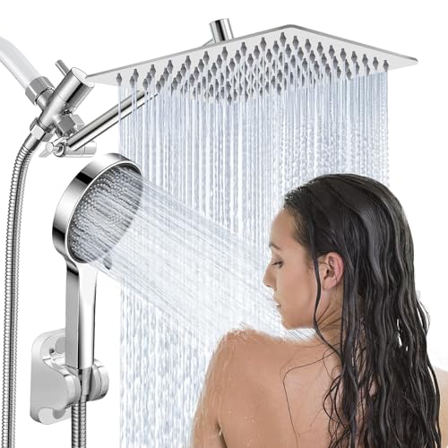 Ashwanth Shower Head,10”Rain Shower Head with Handheld Spray Combo and Adjustable Extension Arm/3-Way Flow Regulator/Shower System,High Pressure Rain Fall Hose,Chrome - Image 1