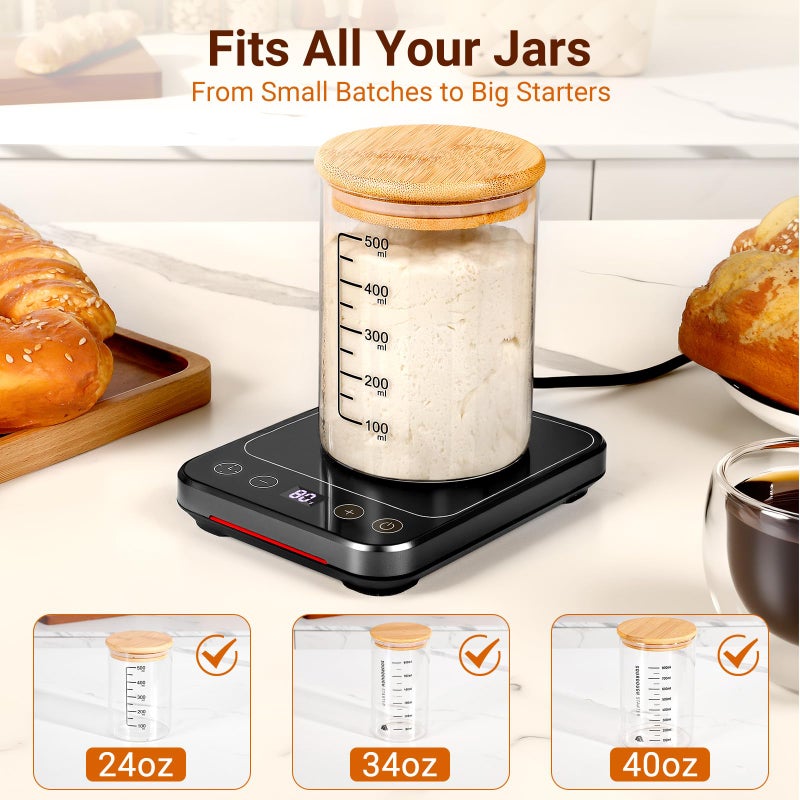 MIKESIER Sourdough Starter Warmer Mat, Sourdough Heating Mat for 24â€“40oz Jars, Precise 1Â°F Thermostat Control (70-100Â°F) Sourdough Warmer, 0-12 Hour Timer, Auto Shut-Off, Ideal for Home Baking - Image 5